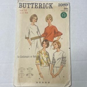 Vintage 1960's Butterick 3989 Sewing Pattern - Slighty Fitted Blouse, Jewel Crew